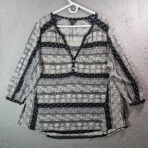 Lucky Brand Tunic Top‎ Blouse Women 1X Geometric Stretch White Black